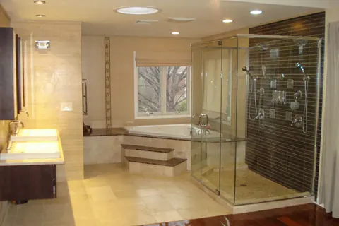 Bathroom with glass shower and vanity