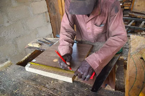 Carpenter measuring a piece of wood
