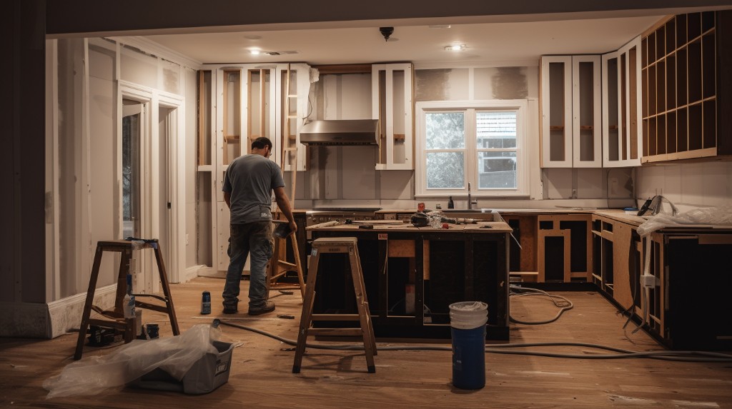 Kitchen renovation in progress — cabinets and drywall during a home repair
